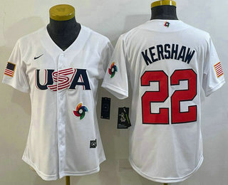 Womens USA Baseball #22 Clayton Kershaw 2023 White World Classic Stitched Jerseys